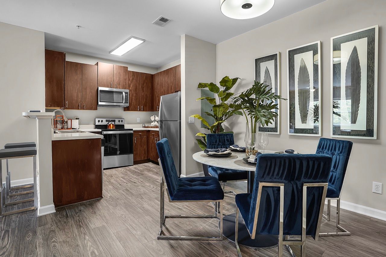 Open kitchen and dining area with dark wood cabinets, stainless appliances, and blue upholstered chairs.