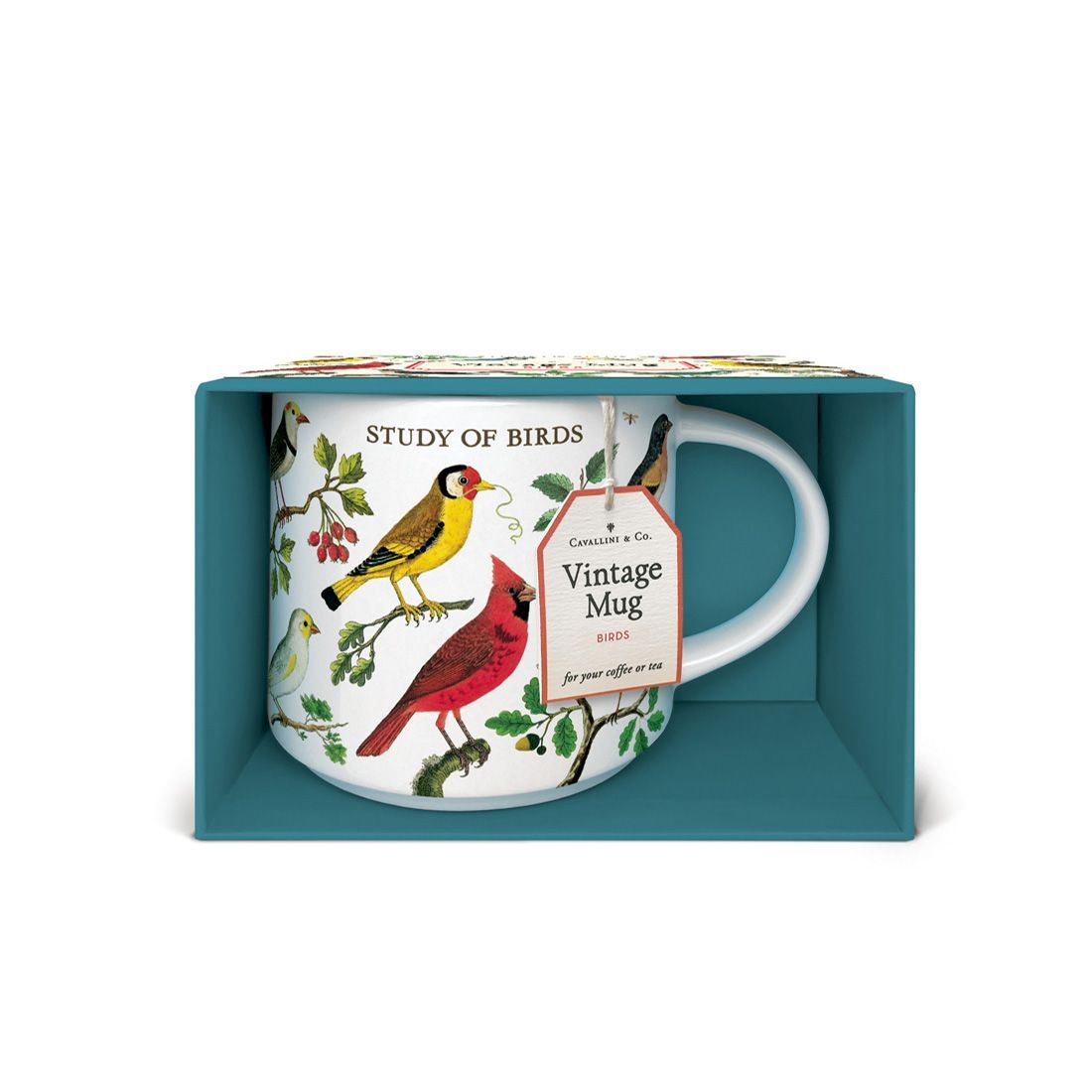 Caneca Vintage Birds da Cavallini com caixa aberta