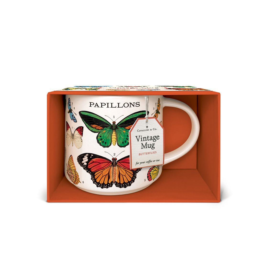 Caneca Vintage Butterflies da Cavallini com caixa aberta