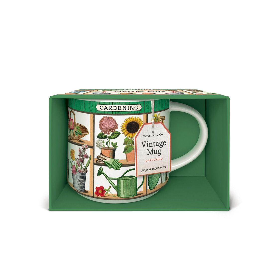 Caneca Vintage Gardening da Cavallini com caixa aberta