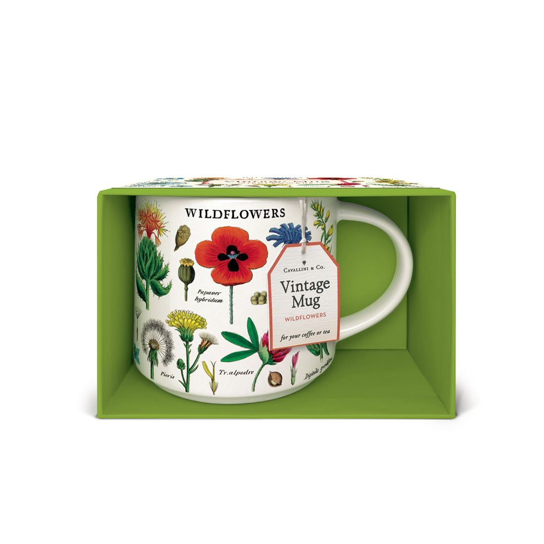 Caneca Vintage Wildflowers da Cavallini com caixa aberta