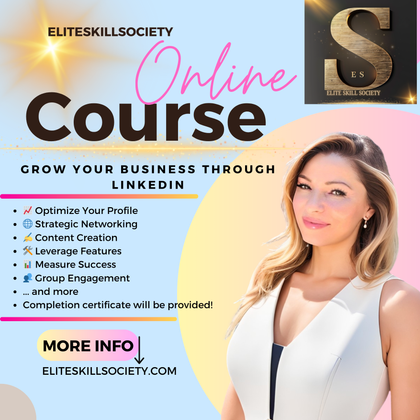 EliteSkillsSociety online business course promo with LinkedIn growth topics and a woman portrait on a pastel background