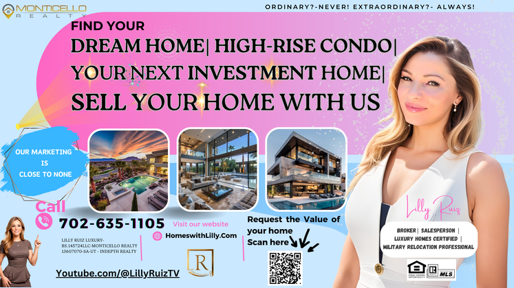 Real estate promo with smiling agent, luxury home, condo investment message, phone number, and QR code