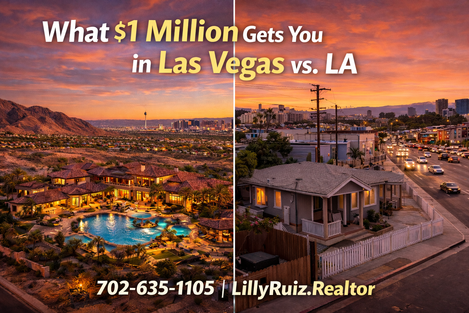 Henderson vs. Summerlin real estate comparison graphic with sunset city and mountain views, phone number, and realtor name