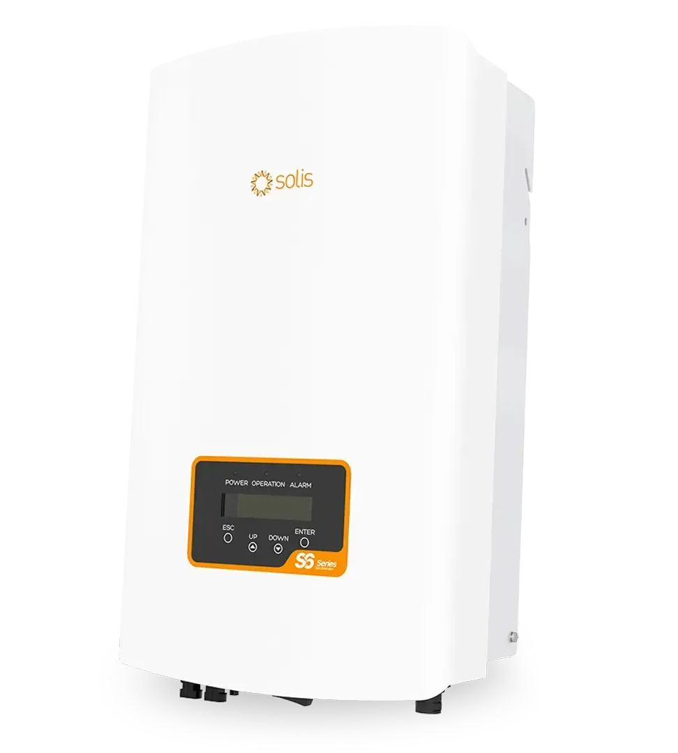 White Solis solar inverter with an orange display panel, outdoors.