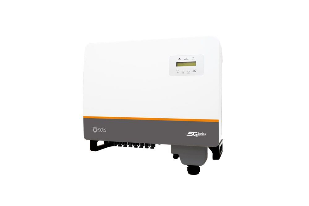 White and gray solar inverter with orange accent, angled right against a white background. It has a small display.