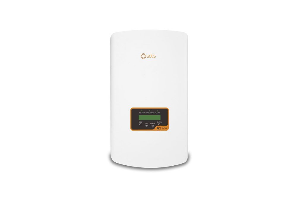 White solar inverter with an orange control panel against a white background.