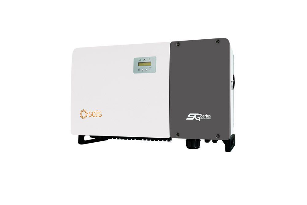 Solar inverter, white and gray casing, with a digital display, mounted on a wall.
