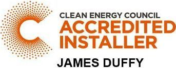 Clean Energy Council Accredited Installer logo with James Duffy's name. Features an orange stylized