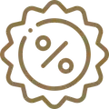 Brown, stylized discount or sale badge with percentage symbol.