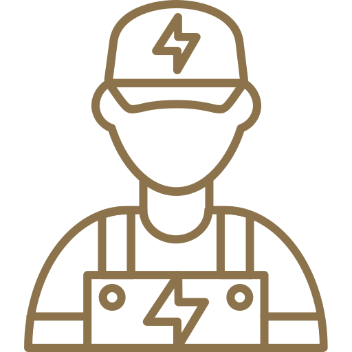 Electrician wearing overalls and a cap with a lightning bolt symbol.