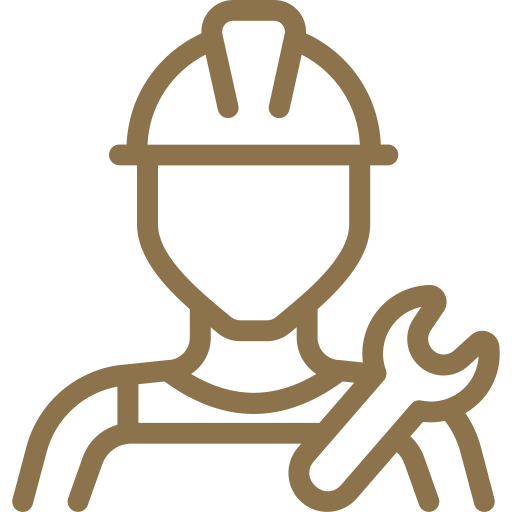 Brown outline of a person wearing a hard hat and overalls, holding a wrench over their shoulder.