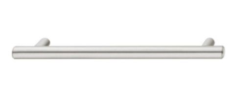 a stainless steel handle on a white background .