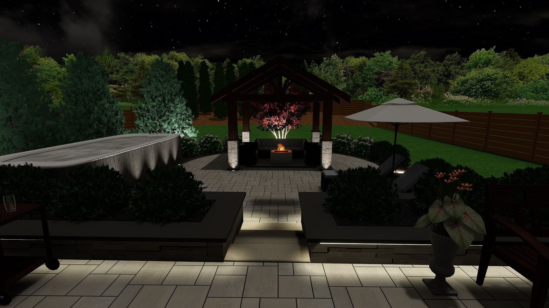 A computer generated image of a garden at night