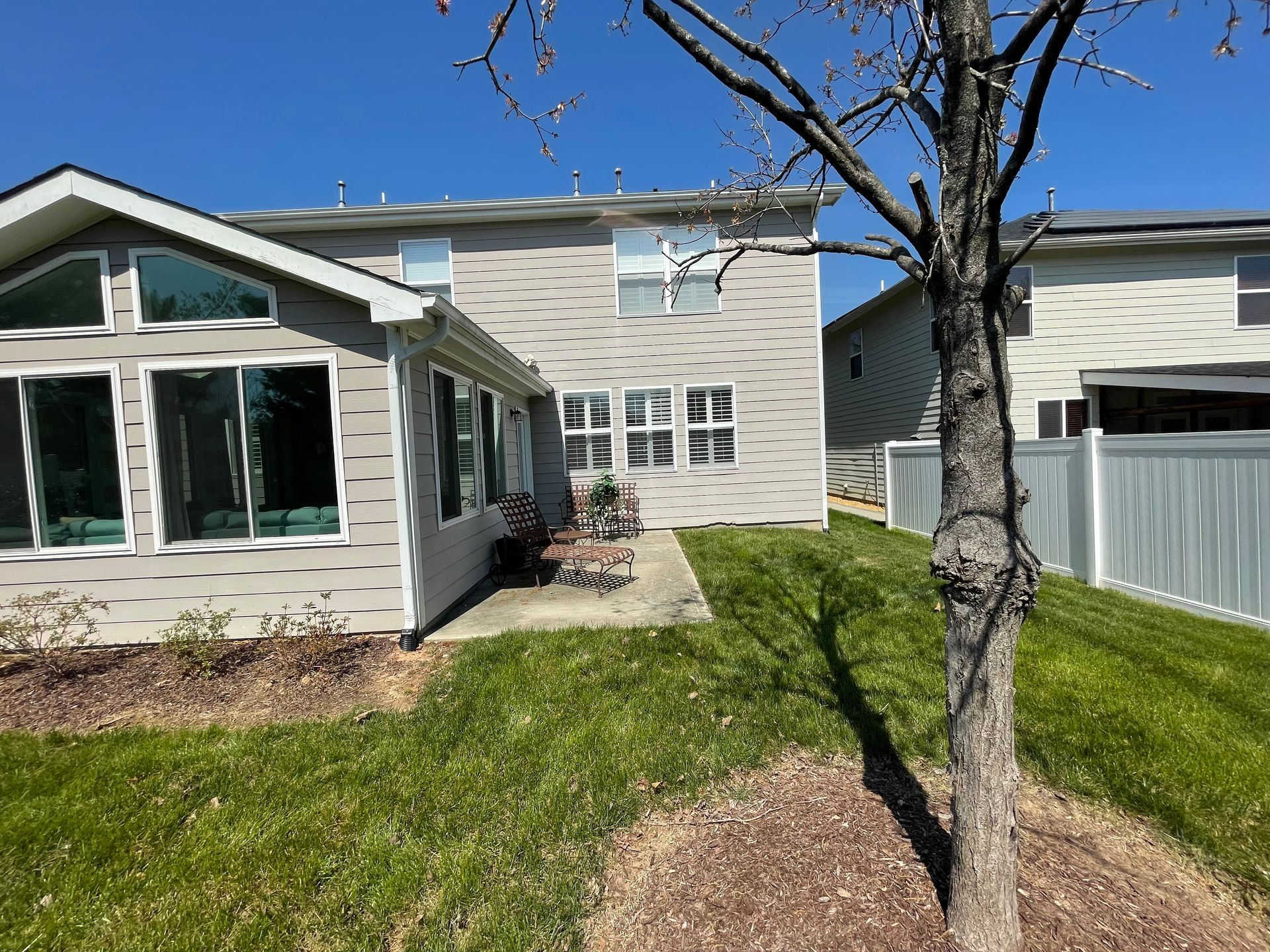 A house with a lot of windows and a tree in front of it.