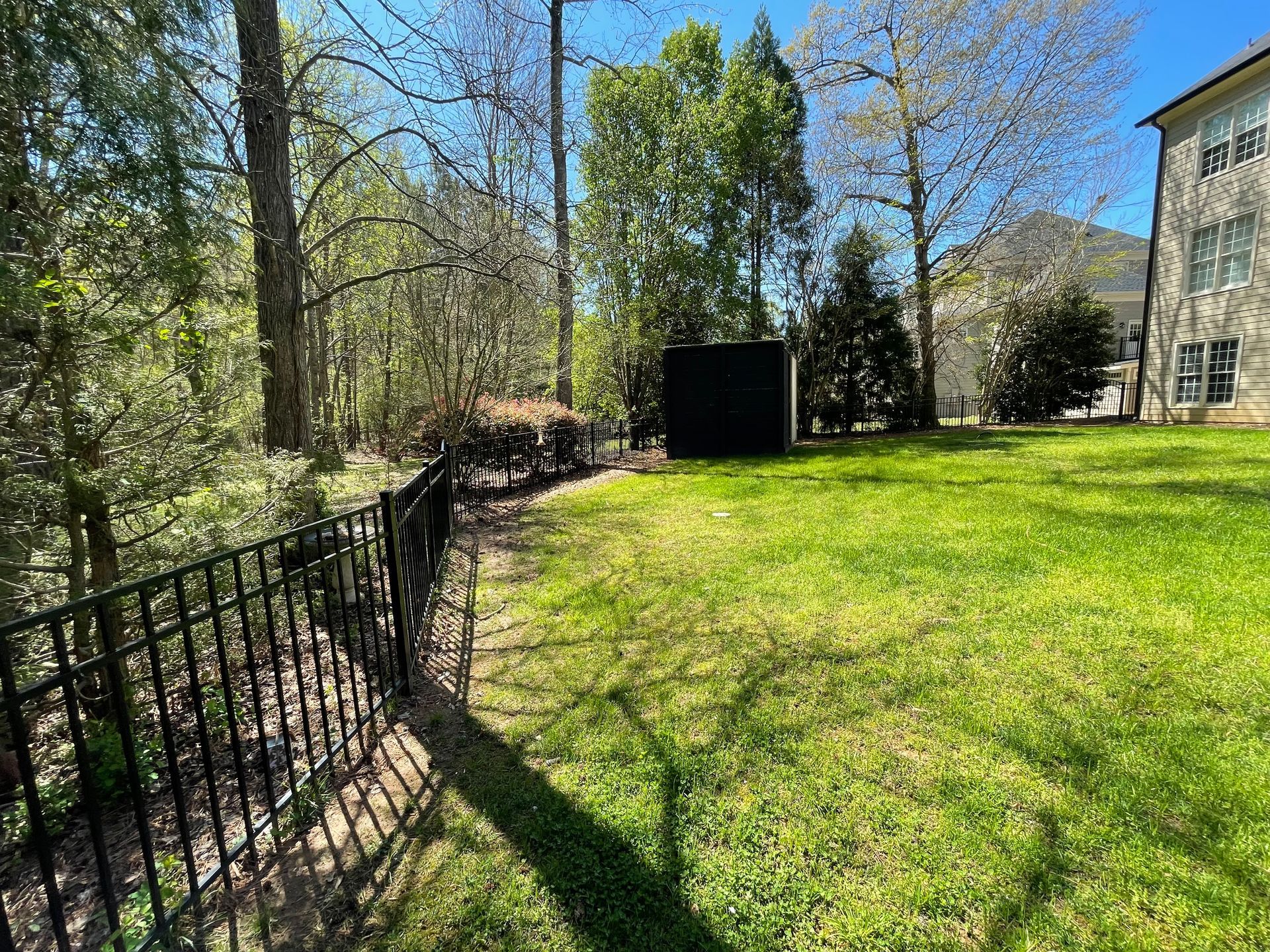 A large lush green yard with a fence and trees in the background.
