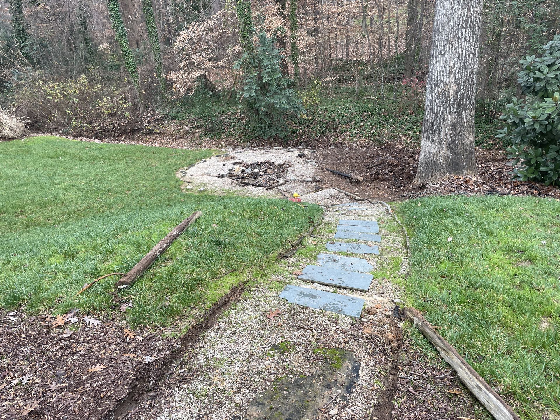 A path in the middle of a lush green field.