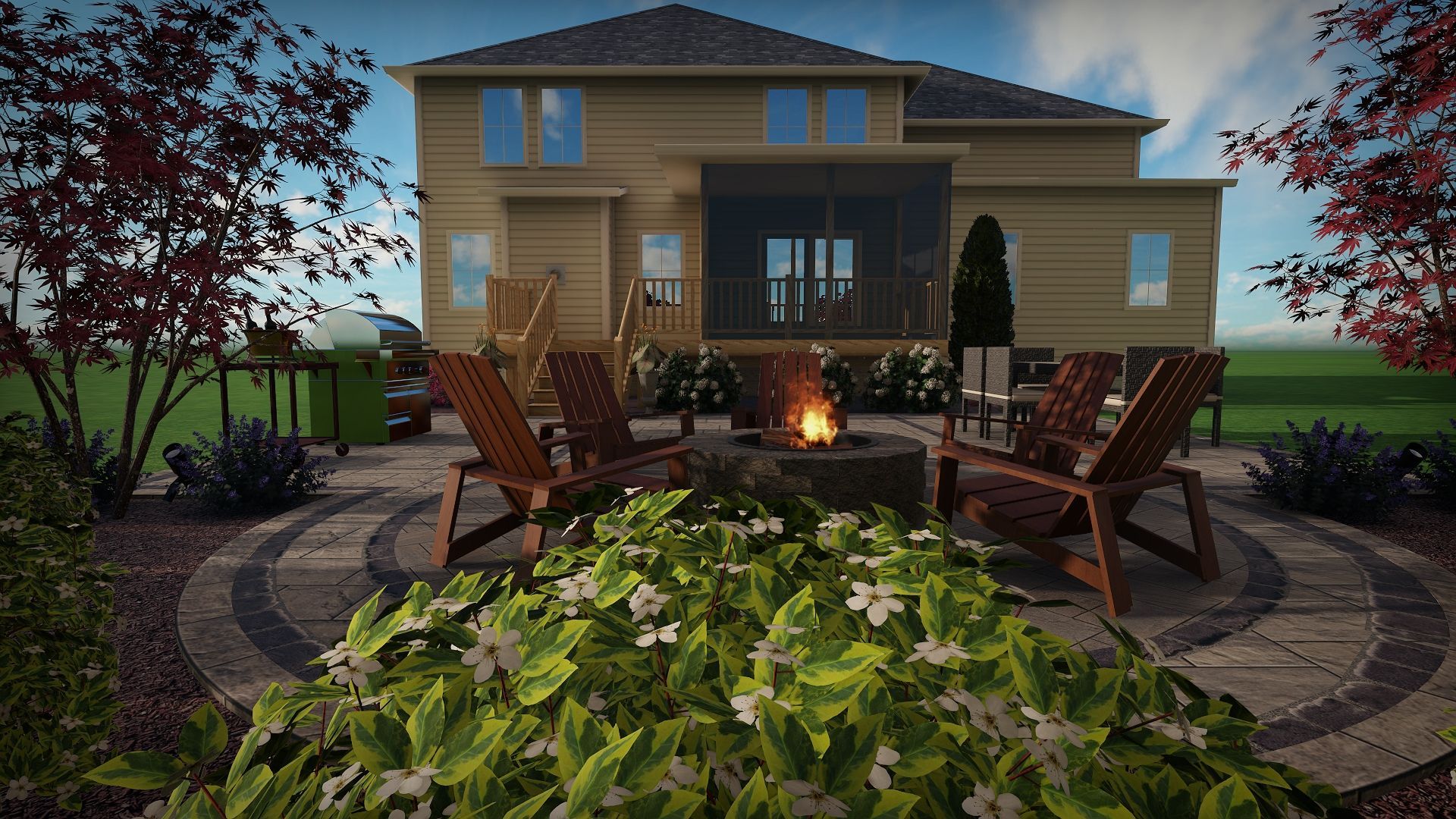 A computer generated image of a backyard with a fire pit and chairs.
