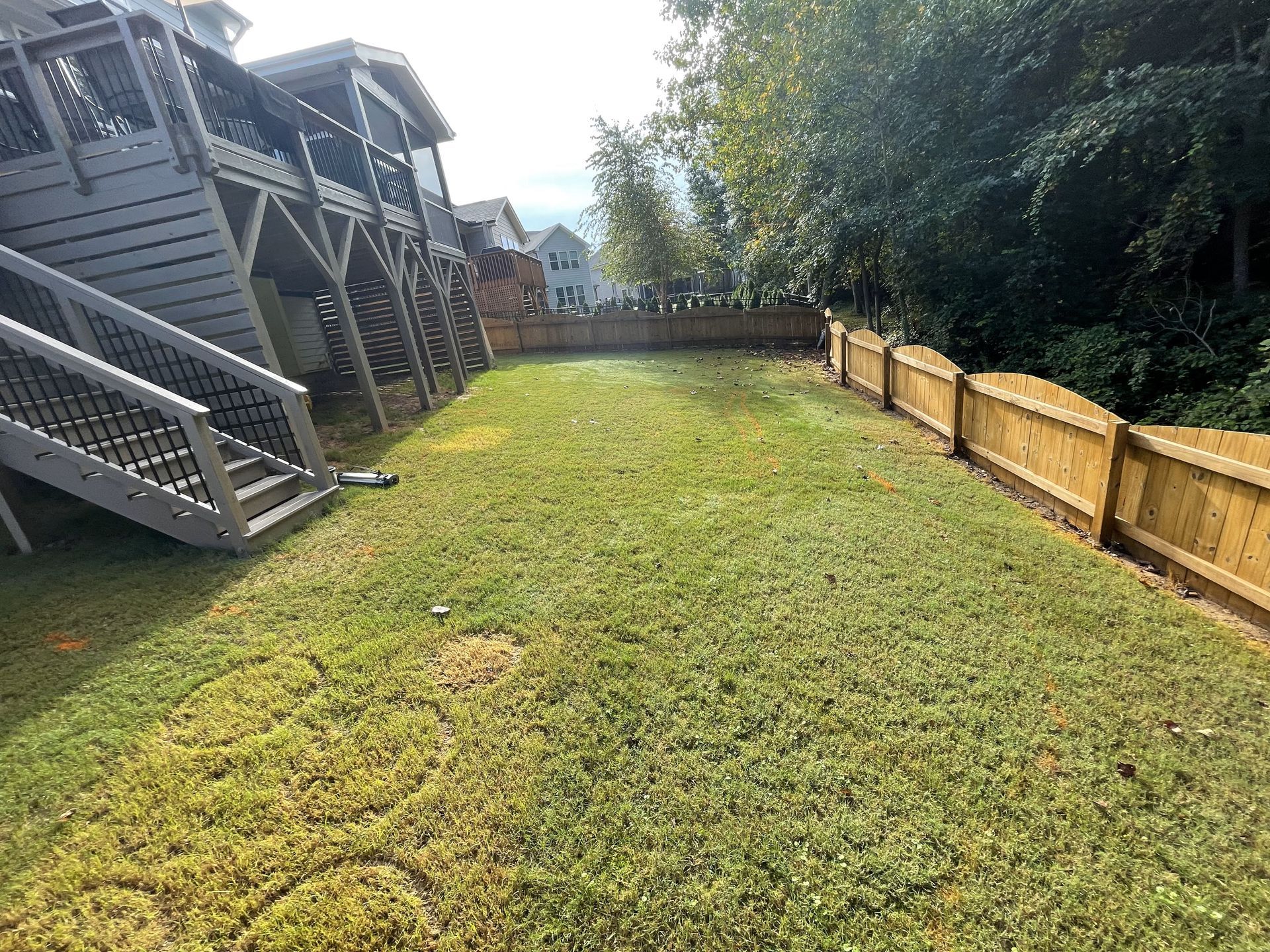 A large lawn with a wooden fence and stairs in the background.