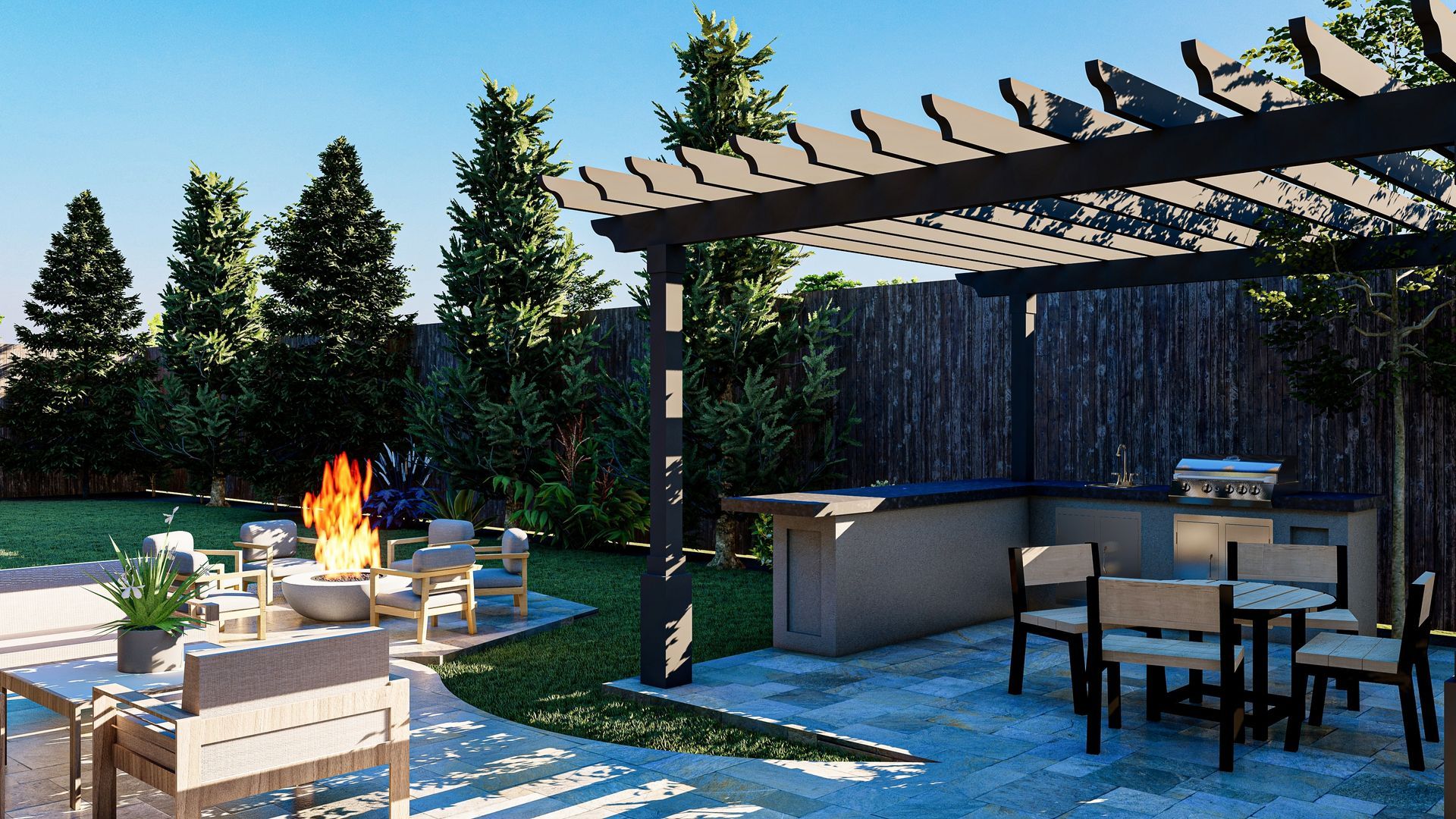 An artist 's impression of a patio with a fire pit and a pergola.