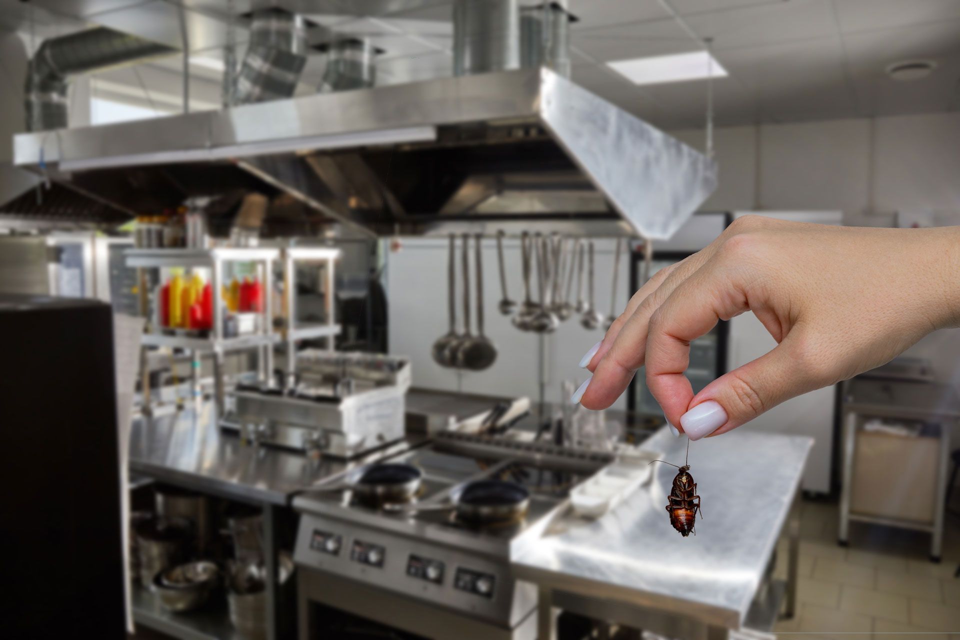 Hand holding a cockroach in a commercial kitchen.
