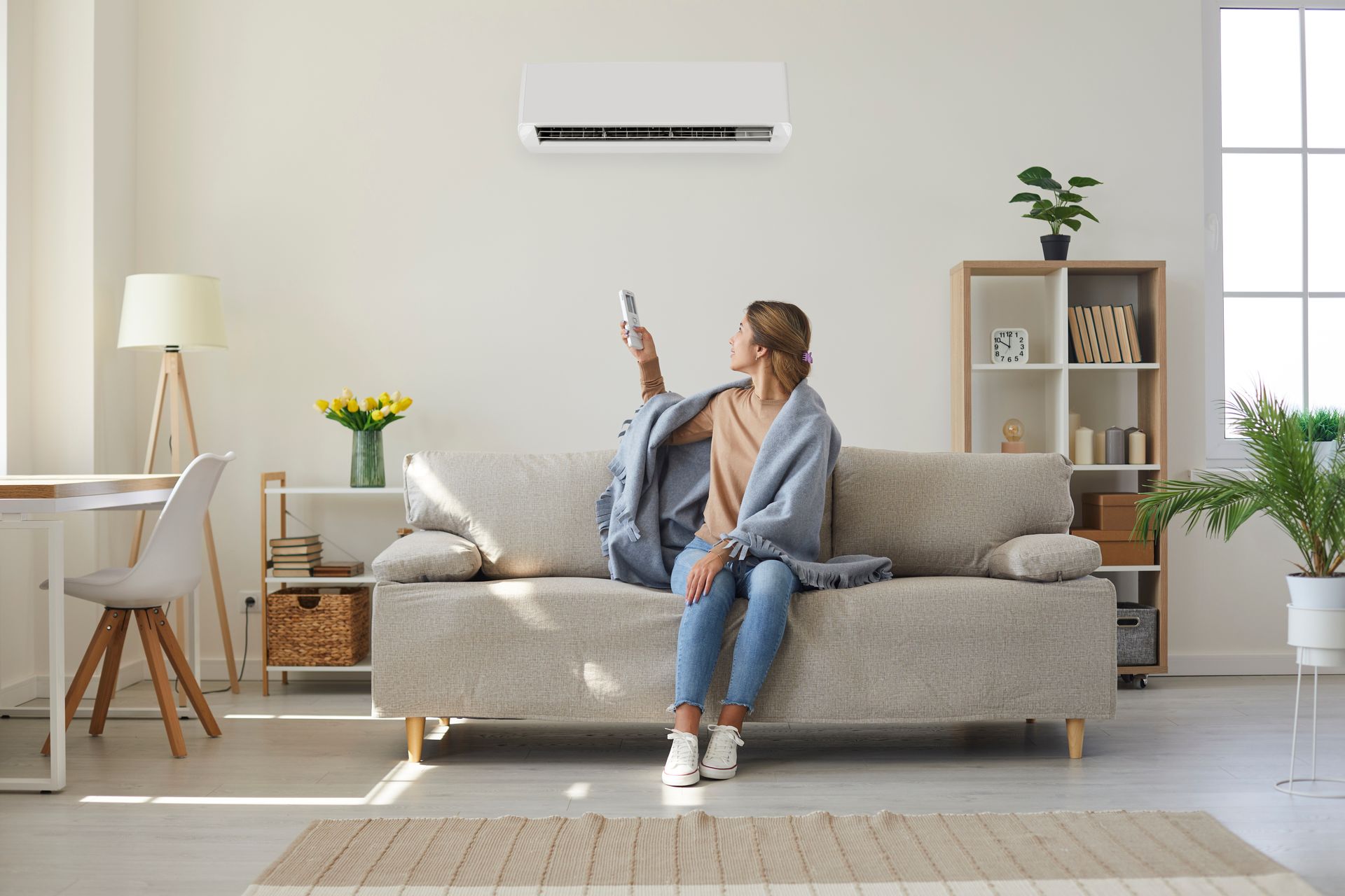 Woman on couch adjusts air conditioner with remote in bright living room. Woman on couch adjusts air conditioner with remote in bright living room.