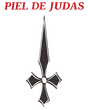 Emblema negro con forma de cruz y la inscripción “PIEL DE JUDAS” en texto rojo encima, sobre un fondo blanco.
