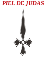 Emblema negro con forma de cruz y la inscripción “PIEL DE JUDAS” en texto rojo encima, sobre un fondo blanco.