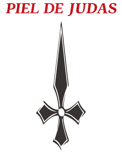 Emblema negro con forma de cruz y la inscripción “PIEL DE JUDAS” en texto rojo encima, sobre un fondo blanco.