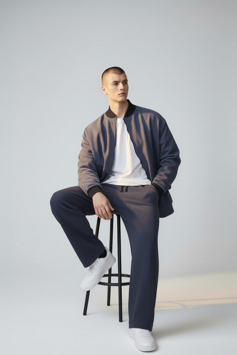 Hombre sentado en un taburete con chaqueta negra, camisa blanca y pantalones negros sobre un fondo de estudio gris claro.