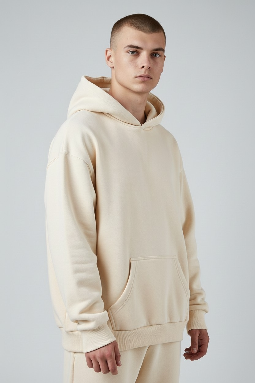 Persona con una sudadera extragrande color crema de pie sobre un fondo gris claro.