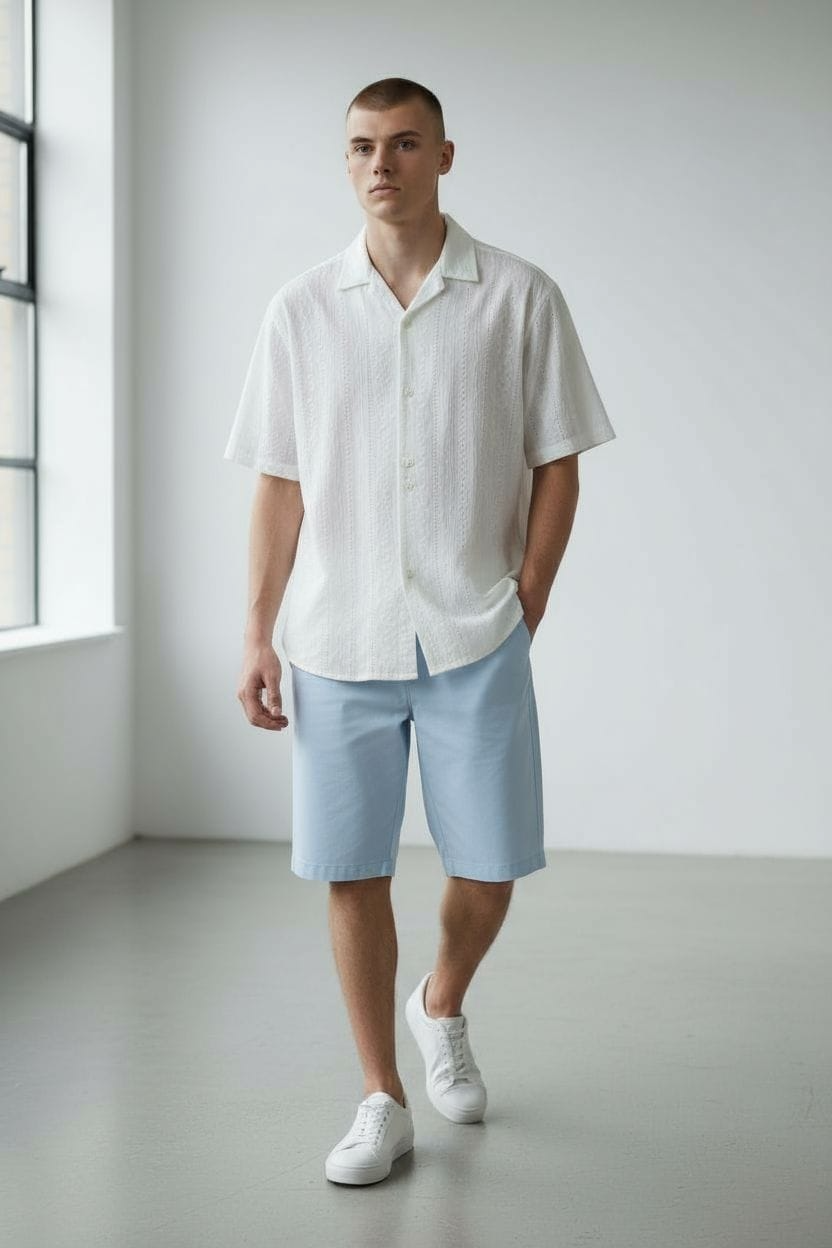 Modelo con camisa oscura de manga corta abotonada y pantalones azul claro, de pie en un estudio minimalista.