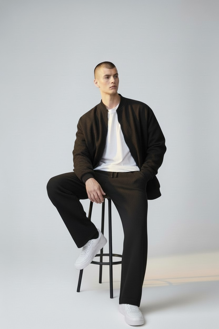 Hombre sentado en un taburete con chaqueta negra, camisa blanca y pantalones negros sobre un fondo de estudio gris claro.