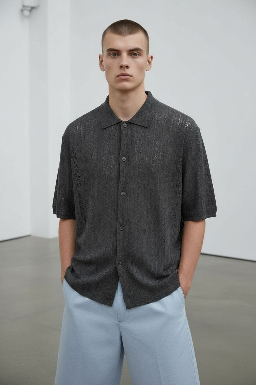 Modelo con camisa oscura de manga corta abotonada y pantalones azul claro, de pie en un estudio minimalista.