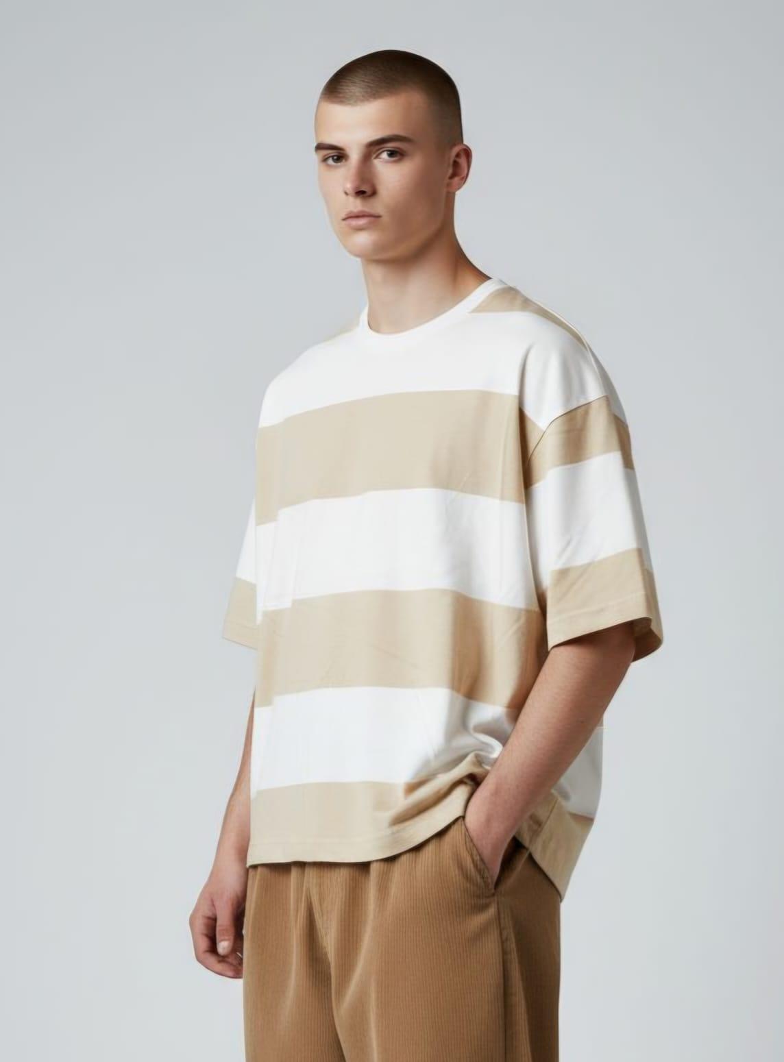 Persona de pie contra una pared blanca, vestida con una camisa de rayas marrones y blancas y pantalones beige.