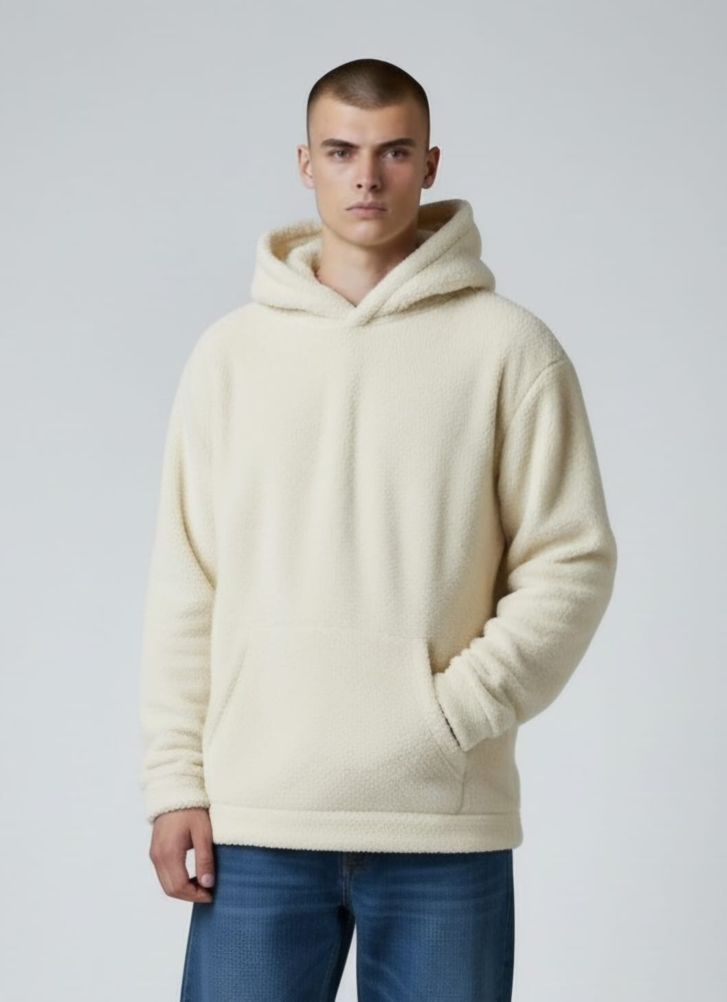 Modelo con sudadera color crema y vaqueros azules sobre un fondo gris liso.