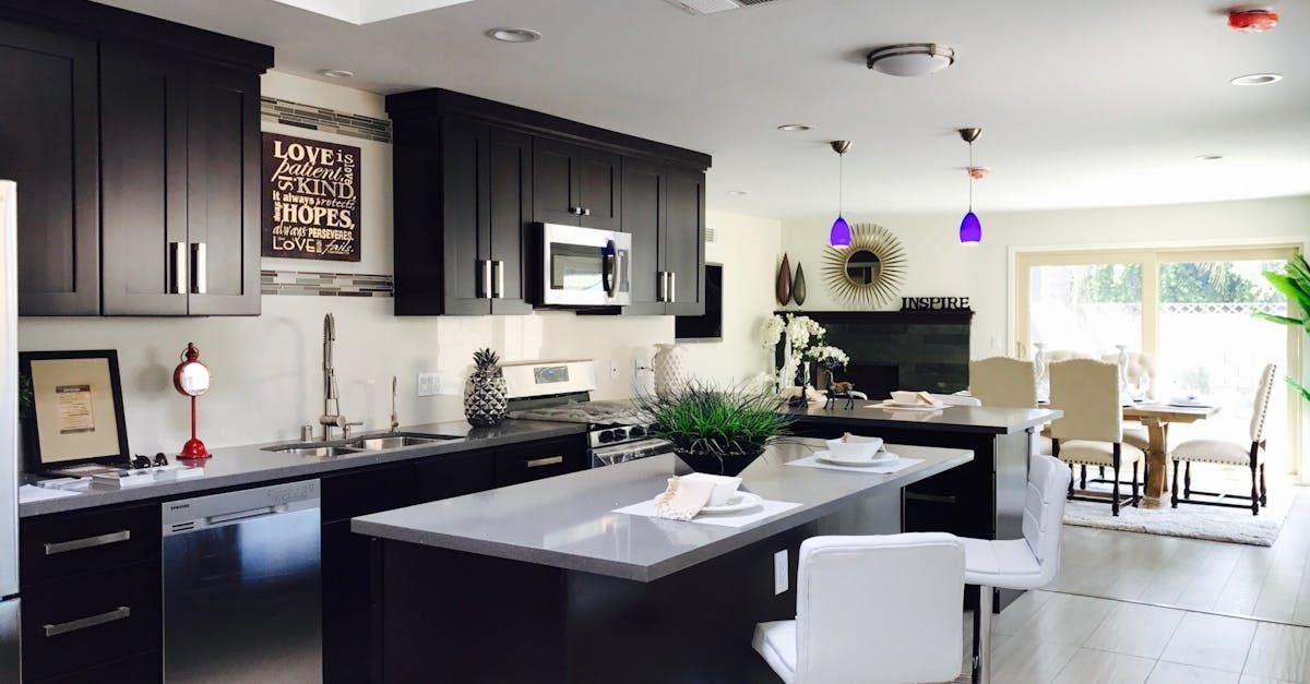 A kitchen with black cabinets and stainless steel appliances