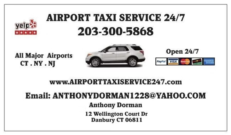 A business card for an airport taxi service