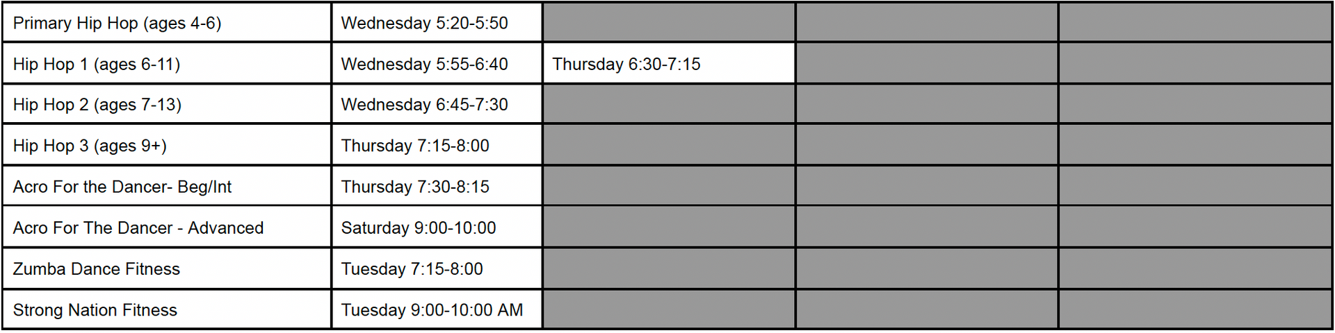 A gray and white spreadsheet with a few rows and columns