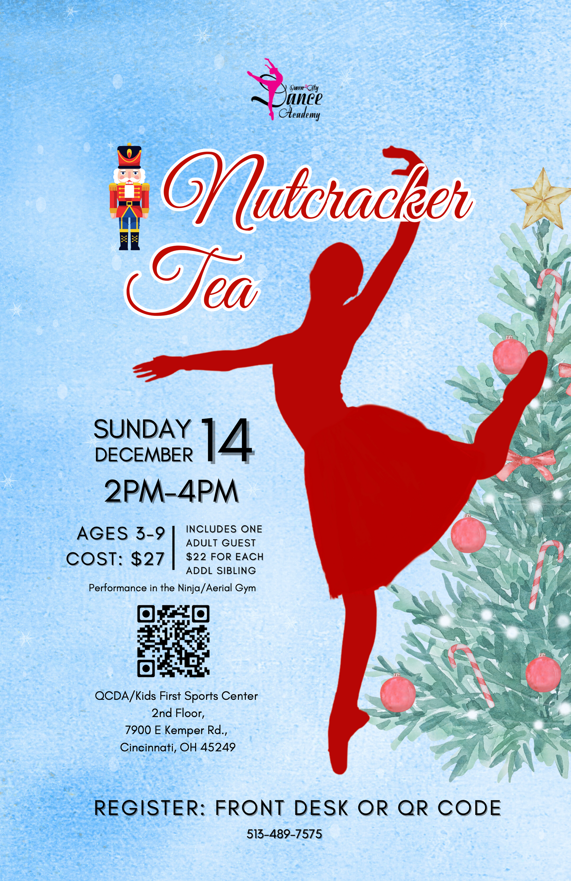 A poster for a nutcracker tea with ballerinas and a nutcracker in a snow globe.