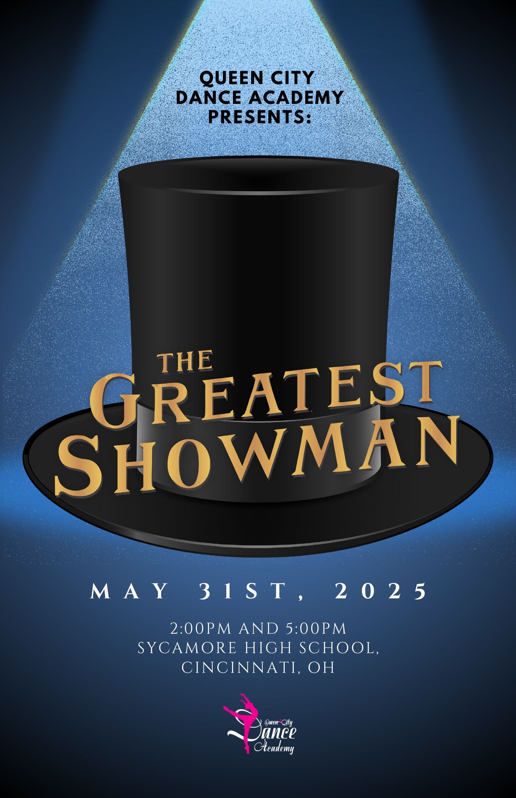 A poster for the greatest showman shows a top hat on a blue background.