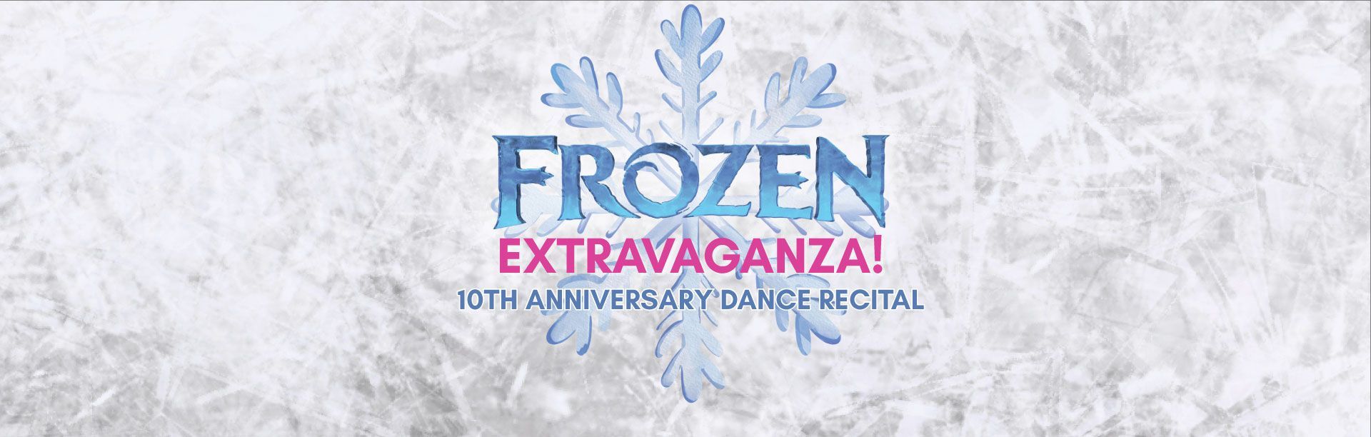 "Frozen Extravaganza" logo on a snowy background. Text is blue and pink with a snowflake design element.