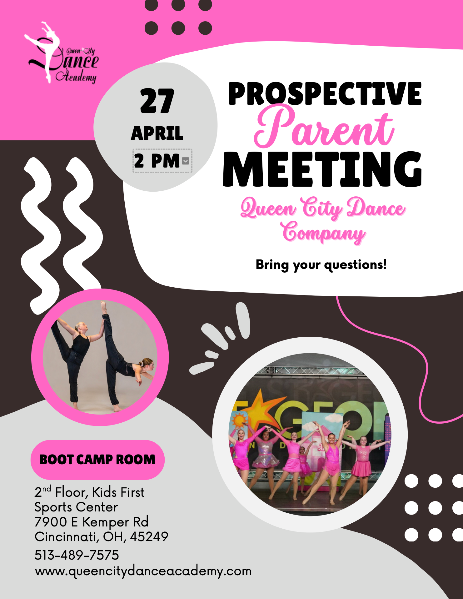 A poster for a parent meeting at queen city dance company.