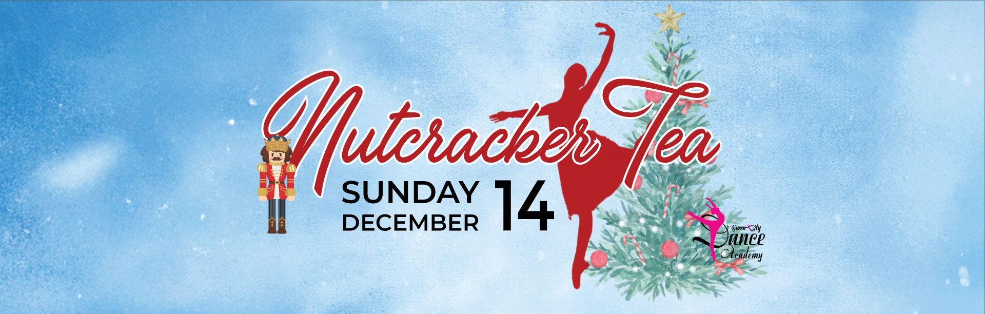 Nutcracker Tea event flyer. Red ballerina silhouette next to a Christmas tree with the event details.