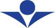 Blue abstract figure with a circle head and upward-pointing wing-like arms.