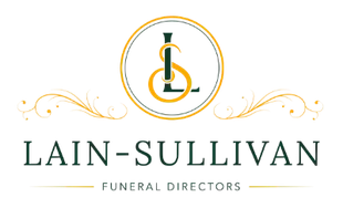 Lain-Sullivan Funeral Directors logo with gold and dark green monogram and decorative flourishes on white background