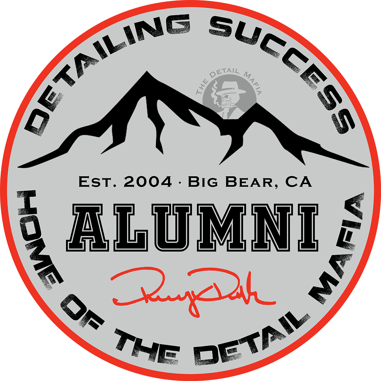 Circular logo with red and gray accents. The text says