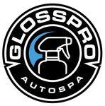 GlossPro Auto Spa logo: A black and white circular design with text, an outline of a spray bottle, and blue accents.