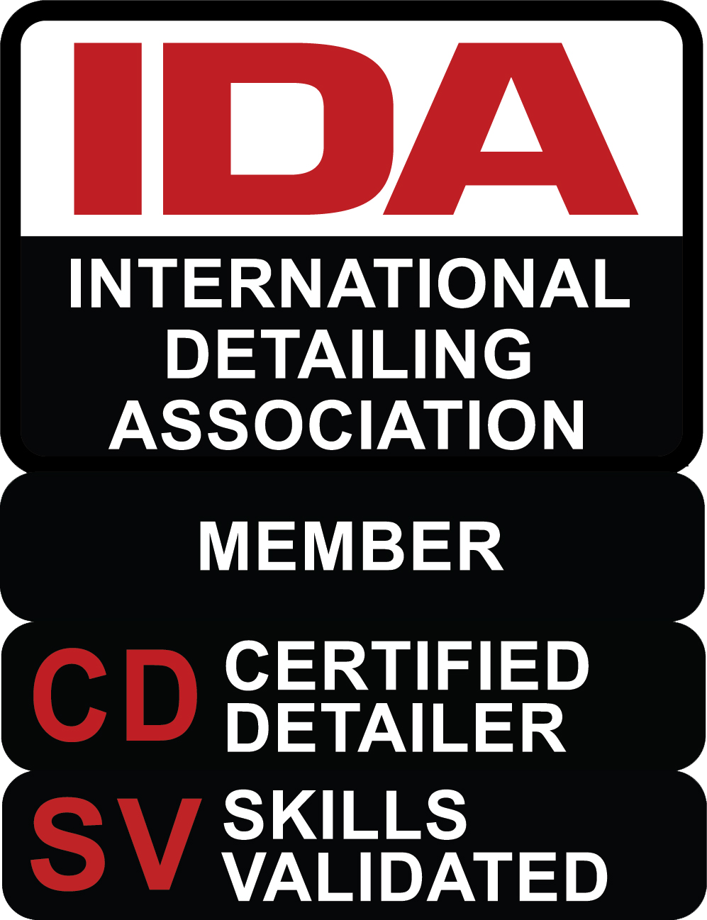 IDA certification badge: Red and white text on black background. Shows