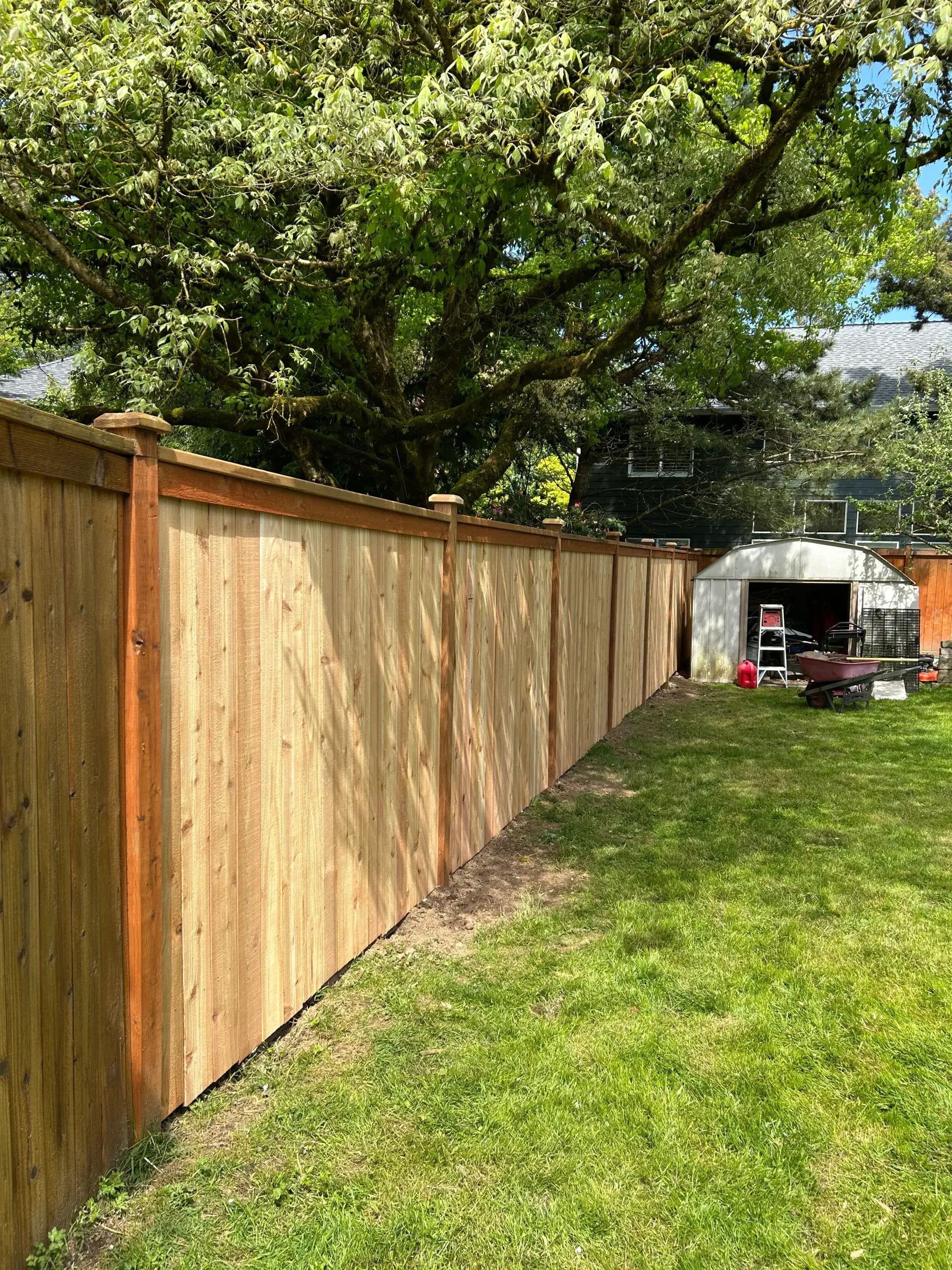 A wooden fence is sitting in the middle of a lush green yard.